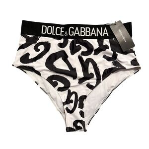 DOLCE & GABBANA Womens High Waist Swimsuit Bottoms Black White Logo Print XL